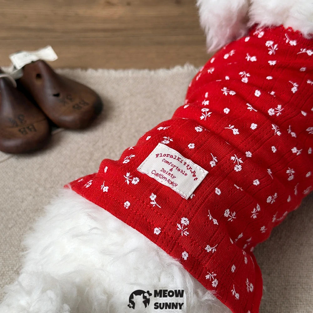 Mini red T-shirt with white lace trim featuring a dog
