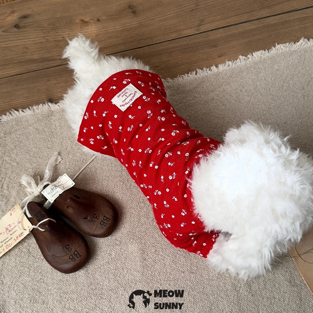Mini red T-shirt with white lace trim featuring a dog