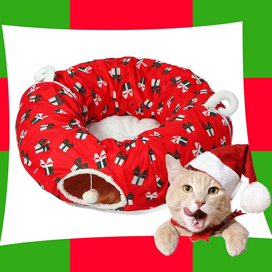 Catstages Indoor Christmas Washable Round Tunnel Red Plush Cat Bed