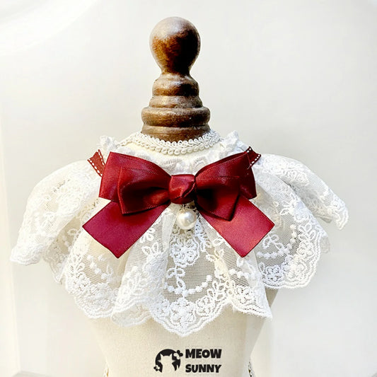 Pet Lace Bib, Sweet Cat Bandana with Cute Bow, Cotton Dog Saliva Towel