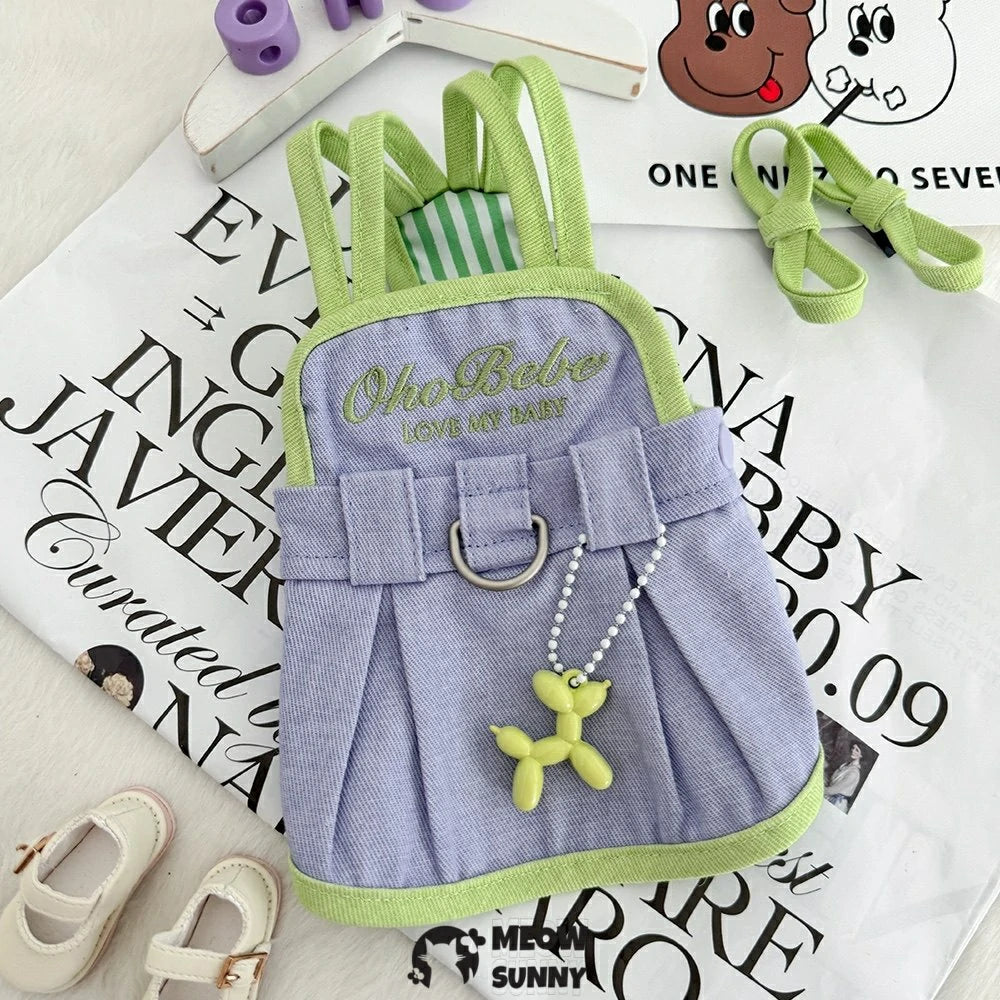 Pet clothes: Dog denim overalls dress with leash attachment for small dogs.