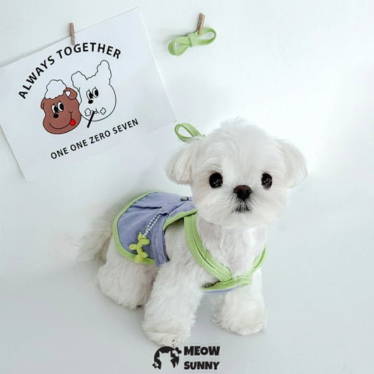 Pet clothes: Dog denim overalls dress with leash attachment for small dogs.