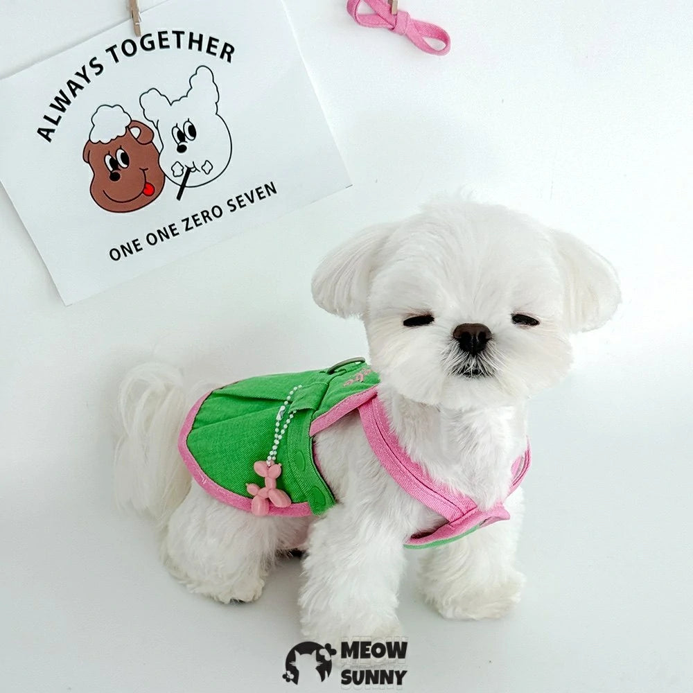 Pet clothes: Dog denim overalls dress with leash attachment for small dogs.