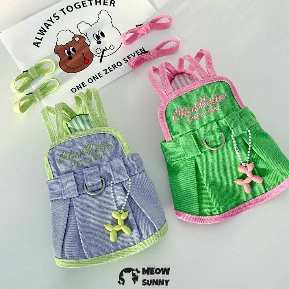 Pet clothes: Dog denim overalls dress with leash attachment for small dogs.