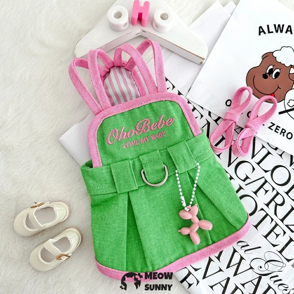 Pet clothes: Dog denim overalls dress with leash attachment for small dogs.