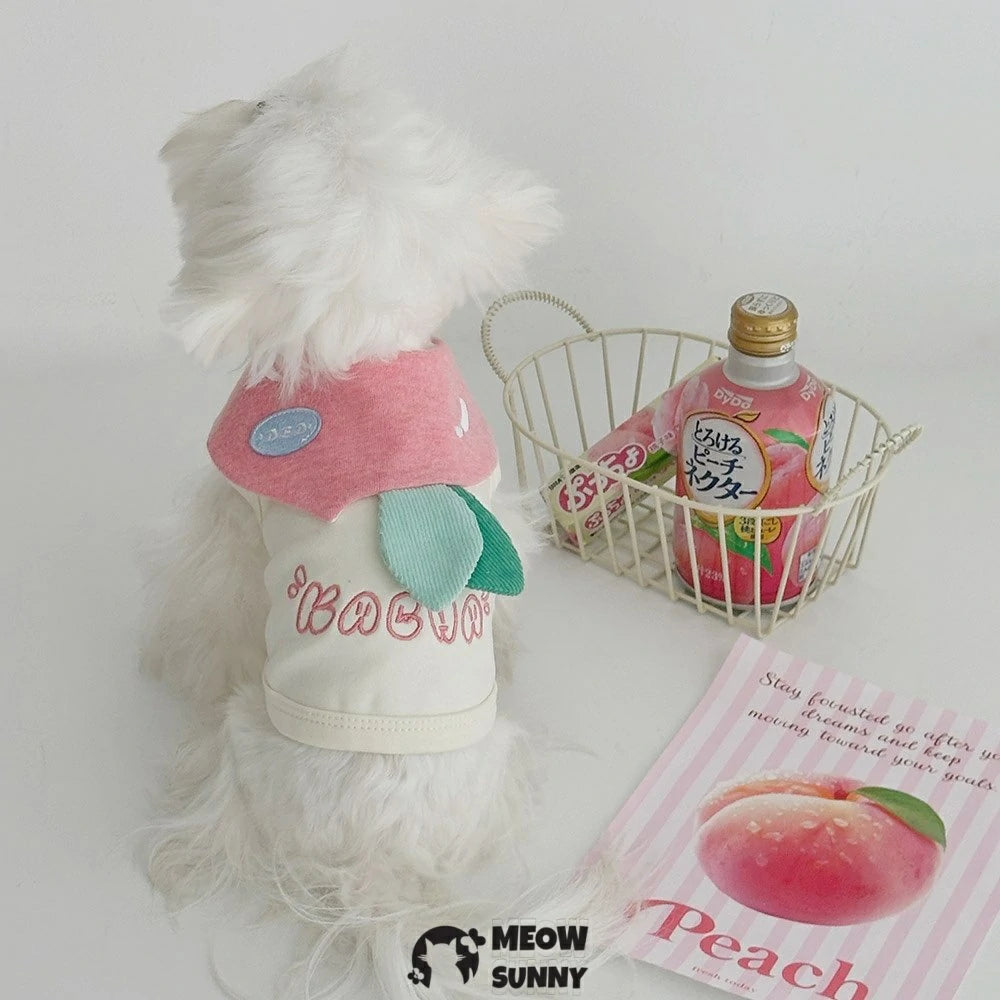 Pet clothes, dog home wear, peach-patterned sleeveless vest.