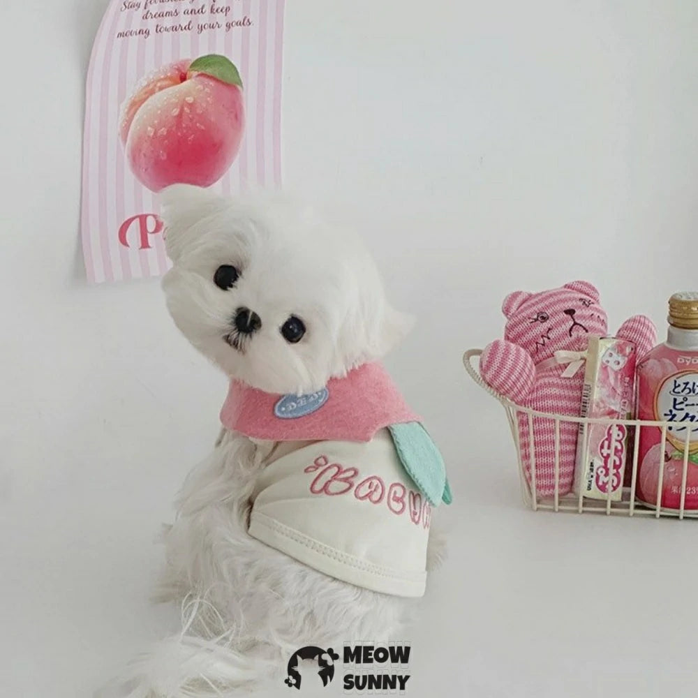 Pet clothes, dog home wear, peach-patterned sleeveless vest.
