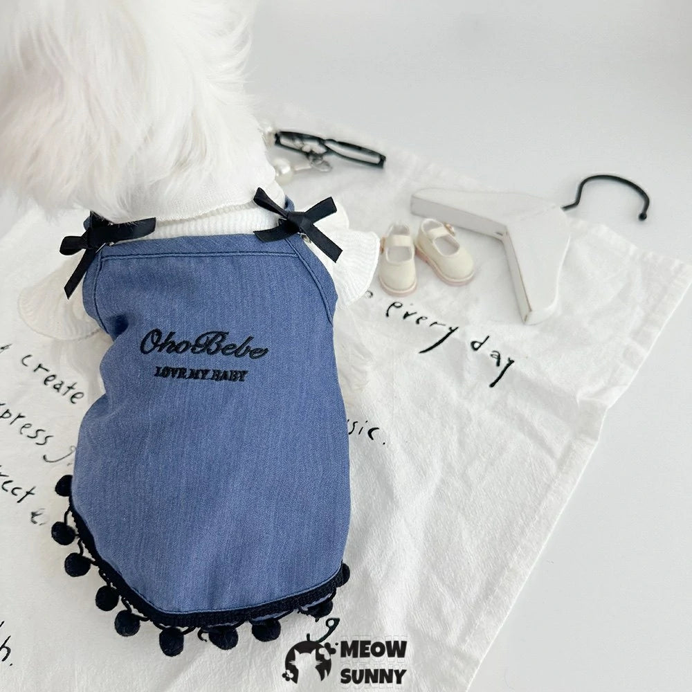Pet clothes for small dogs: Vintage style, stretchy denim overalls for Maltese and Shih Tzu breeds, cute design.