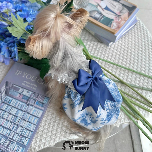 Pet dog outfit, pastoral style, bow-tie suspender puffy bubble skirt