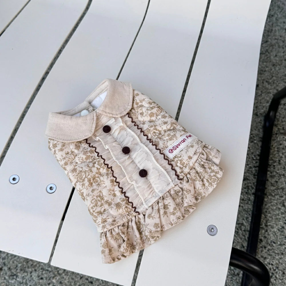 Pet dog warm plus velvet French floral jacket high-end dress