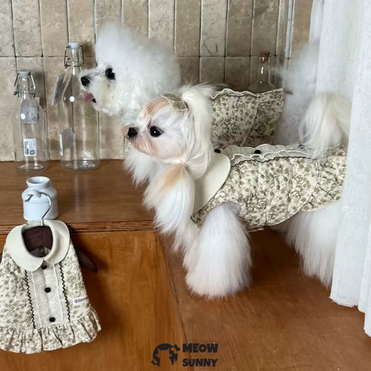 Pet dog warm plus velvet French floral jacket high-end dress