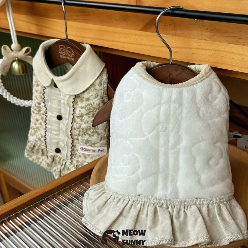 Pet dog warm plus velvet French floral jacket high-end dress