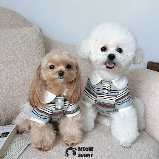 Pet polo striped T-shirt, pure cotton base layer T-shirt dress, dog clothes.