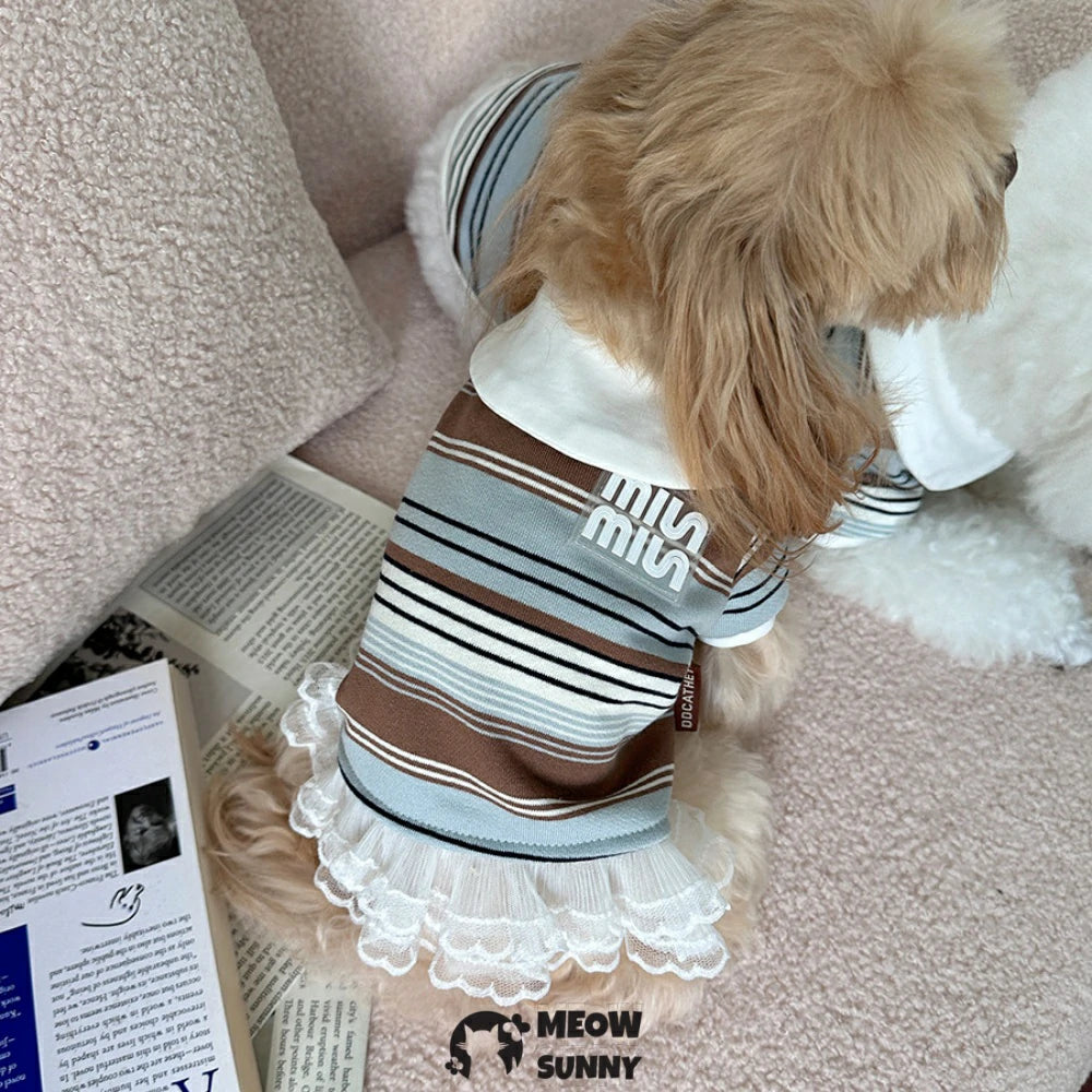 Pet polo striped T-shirt, pure cotton base layer T-shirt dress, dog clothes.