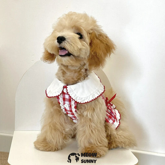 Pink Plaid Dog Dress Puppy Tutu with Bowknot Hair Bows