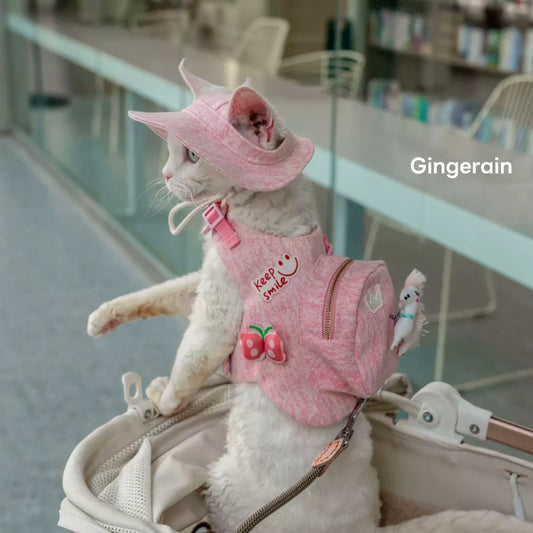 Pink cute doll decoration cat denim chest leash set with hat