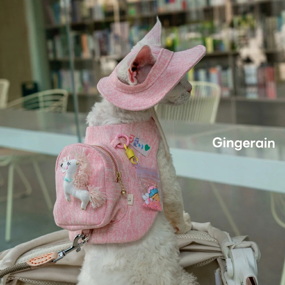 Pink cute doll decoration cat denim chest leash set with hat