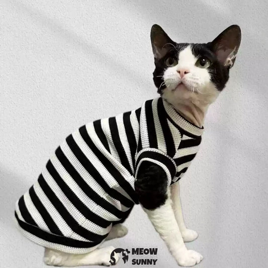 Pure Cotton Black and White Striped Waffle Cat Clothes Hairless Cat Short Sleeve Vest
