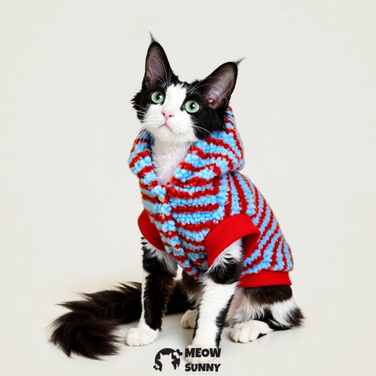 Red and blue striped hooded printed anti-shedding cat hoodie (for hairless cats)