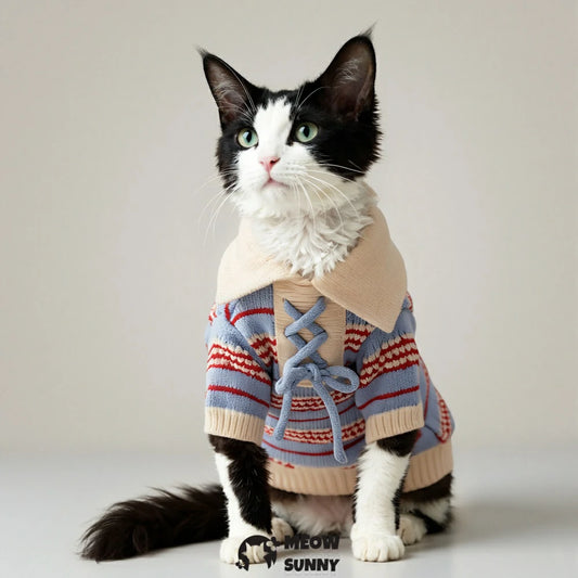 Retro patterned bow tie, warm and thickened, cute pet cat clothes for home wear.