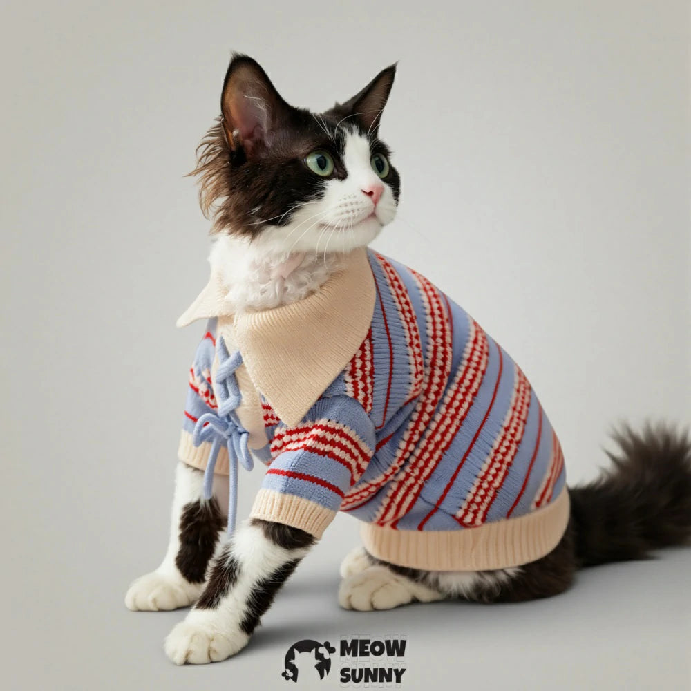 Retro patterned bow tie, warm and thickened, cute pet cat clothes for home wear.