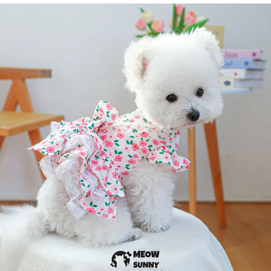 Rose floral skirt dog clothes spring and summer thin pastoral skirt