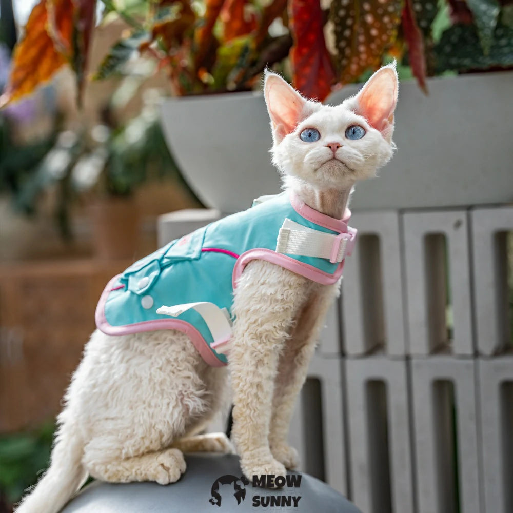 Sky blue cat sun protection chest belt set with hat for outdoor use