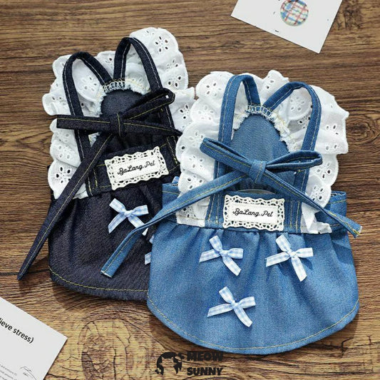 Small dog clothes: bowknot lace denim strap dress, pet clothing