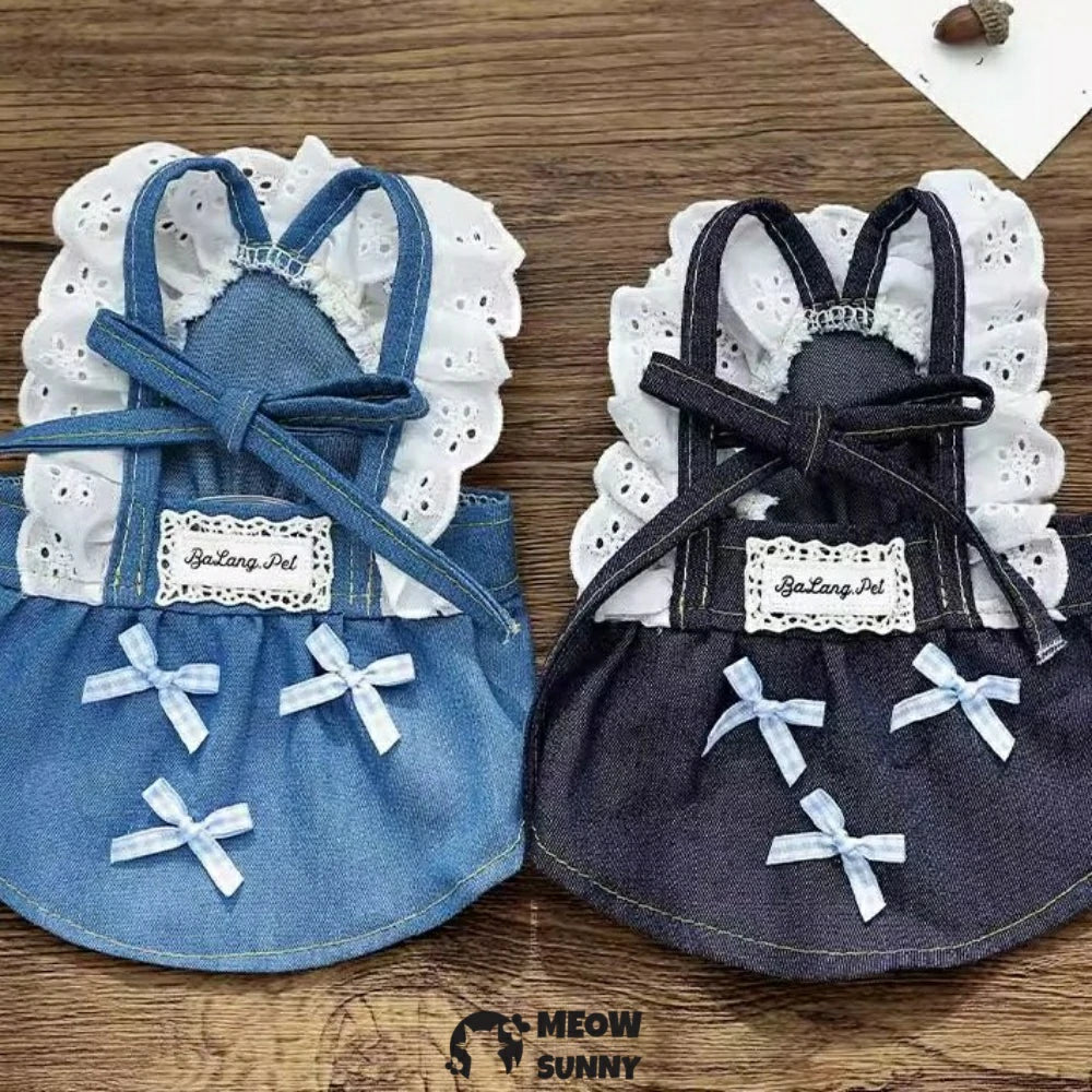 Small dog clothes: bowknot lace denim strap dress, pet clothing