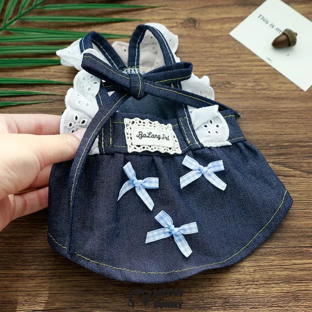Small dog clothes: bowknot lace denim strap dress, pet clothing