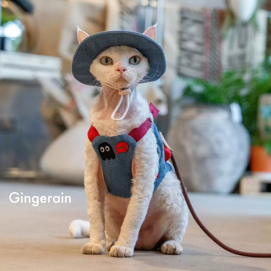 Solid Color Denim Cartoon Cat Chest Strap Set with Hat