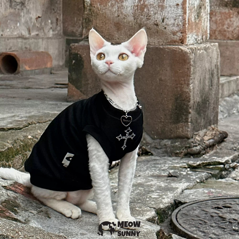 Sphinx Hairless Cat Summer Comfortable Breathable Black Cross T-shirt