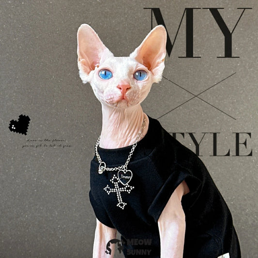 Sphinx Hairless Cat Summer Comfortable Breathable Black Cross T-shirt