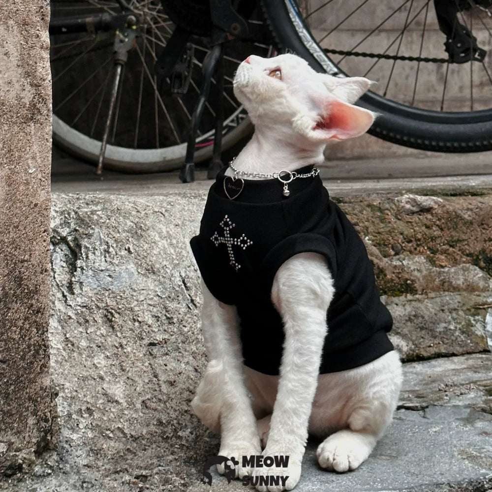 Sphinx Hairless Cat Summer Comfortable Breathable Black Cross T-shirt