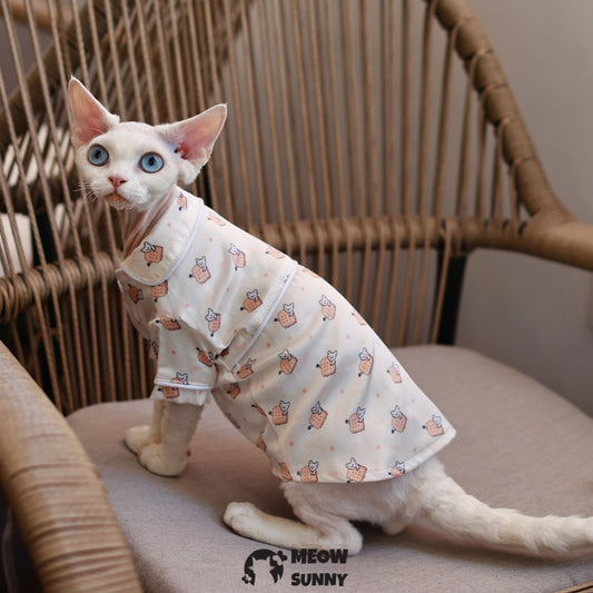 Sphinx hairless cat summer silk cartoon pattern shirt, Breathable Jumpsuit