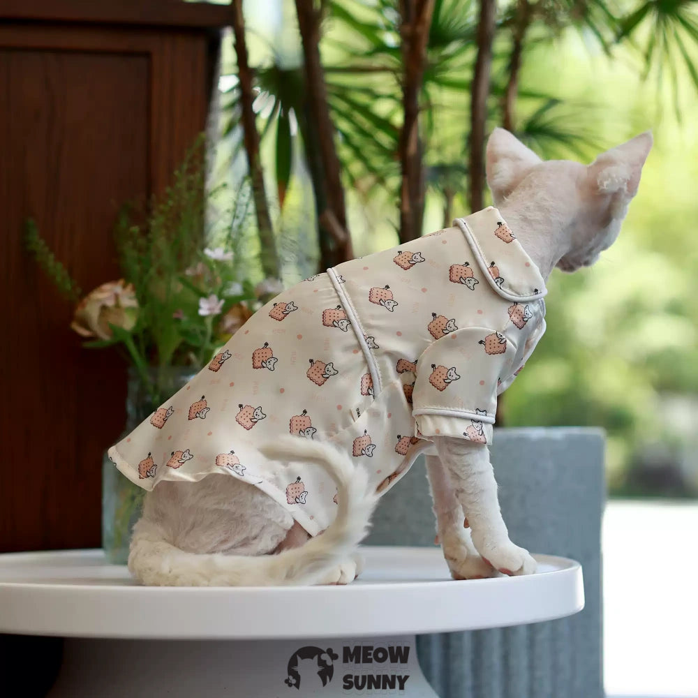 Sphinx hairless cat summer silk cartoon pattern shirt, Breathable Jumpsuit