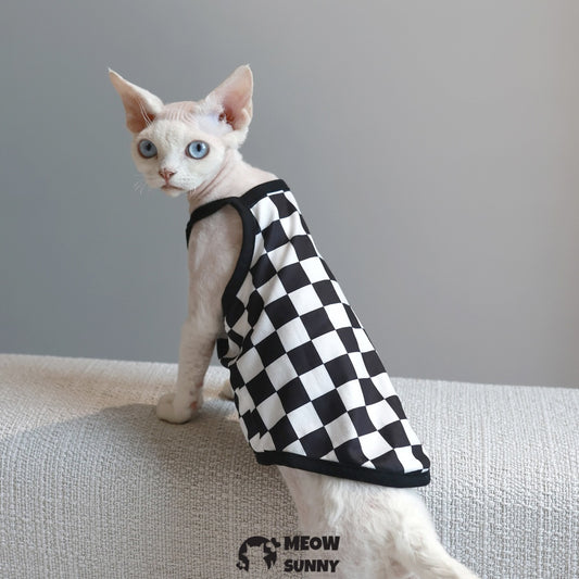 Sphynx Cat Breathable Stretchy Cat Summer Vest,Checkerboard