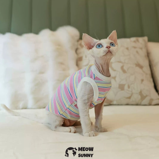 Sphynx Cat Breathable Stretchy Cat Summer Vest,Pink Striped
