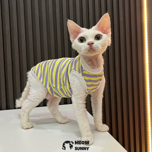 Sphynx Cat Breathable Stretchy Cat Summer Vest,Yellow Striped