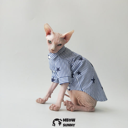 Sphynx Cat Shirt Cotton Hairless Kitten Blue White Polo T-Shirt