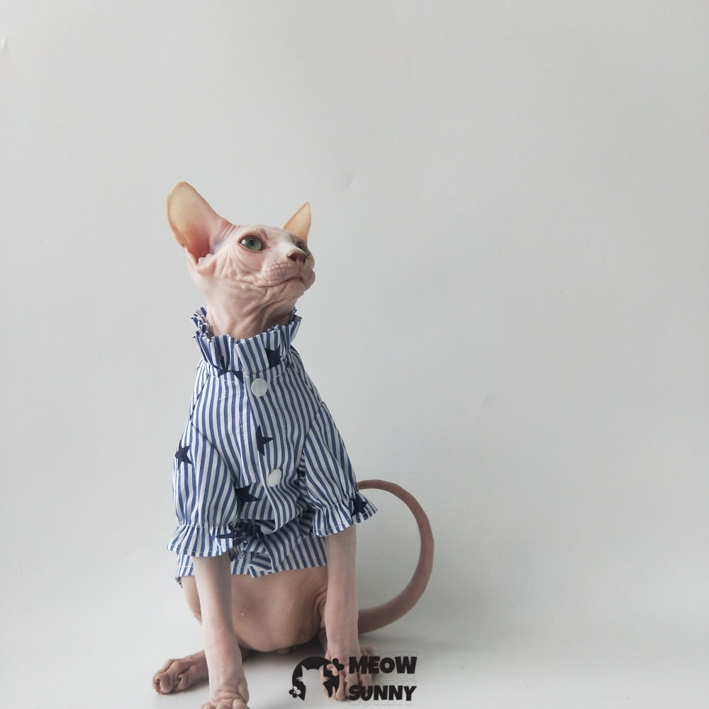 Sphynx Cat Shirt Cotton Hairless Kitten Blue White Polo T-Shirt