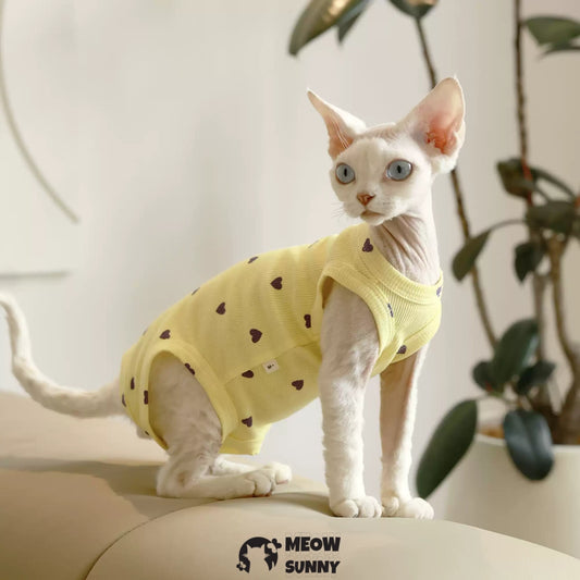Sphynx Cat white Clothes 4 Legs Comfortabl Heart pattern yellow shirt