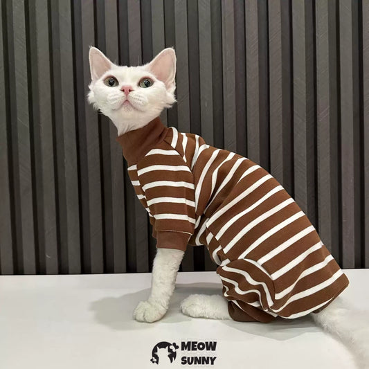 Sphynx Cat white Clothes 4 Legs Comfortabl brown stripes shirt