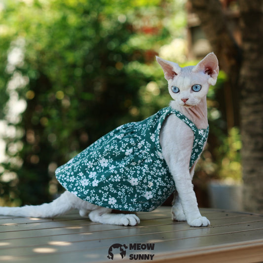 Sphynx Hairless Cat Breathable Spring Autumn Cotton Green Dress