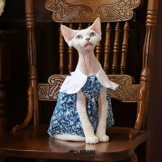 Sphynx Hairless Cat Clothes Breathable Floral Print Blue Dress