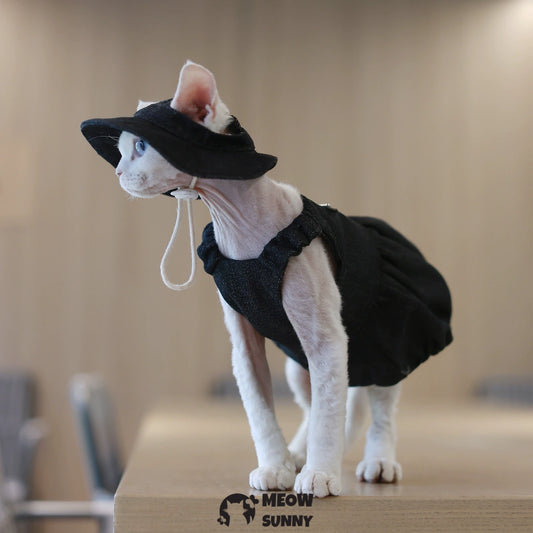 Sphynx Hairless Cat Clothes Breathable  Cotton Black Dress with hat
