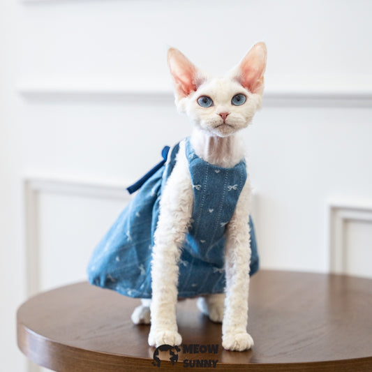 Sphynx Hairless Cat Clothes Cute Breathable Floral Bowknot Blue Dress