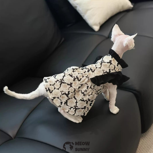 Sphynx Hairless Cat Cute Breathable Floral Bowknot White&Black Dress