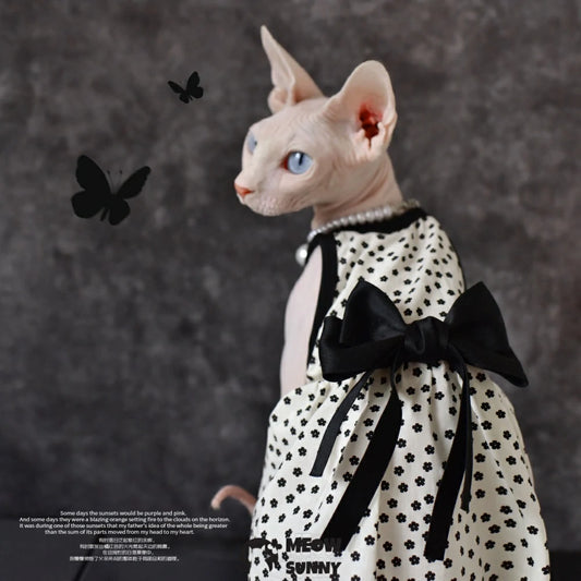 Sphynx Hairless Cat Summer Fashion Black Spotted Bowknot Dress