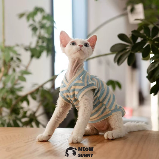 Sphynx hairless cat V-neck summer cotton Blue T-shirt XS-XXL 1-14Lbs